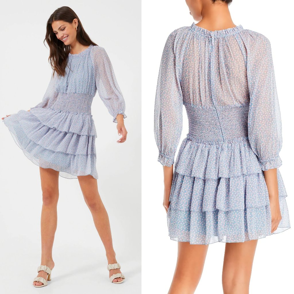 New French Connection Sheer Smocked Waist Tiered-Skirt Blue Dress